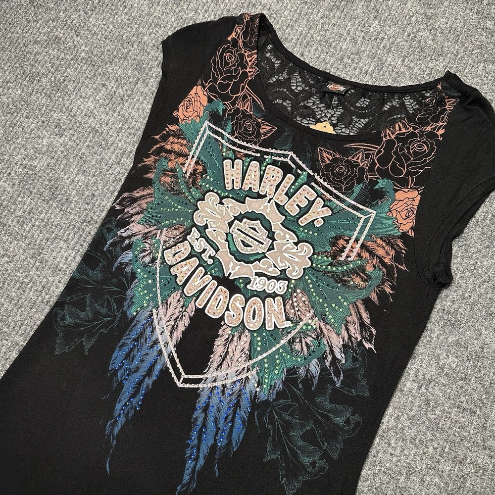 Harley Davidson‎ Rose Wing Tee Small Black -Lace Back -Rhinestone Embellished